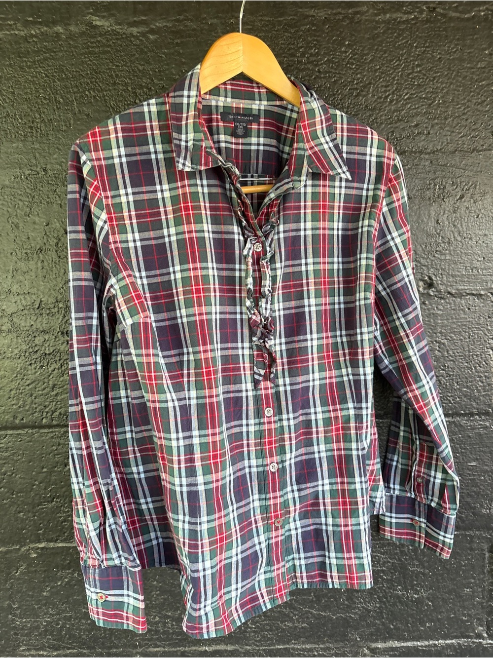 Tommy Hilfiger Women’s Red, Navy, Green & White Plaid Button-Down Shirt
